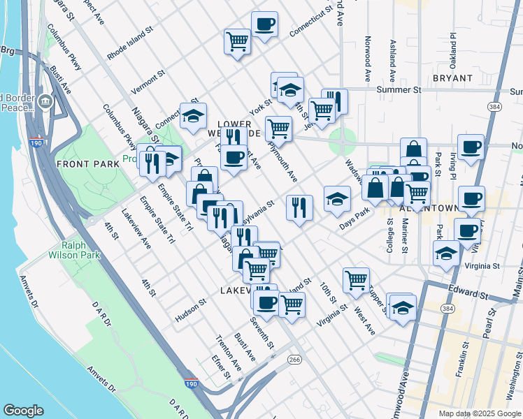 map of restaurants, bars, coffee shops, grocery stores, and more near Fargo Avenue & Pennsylvania Street in Buffalo