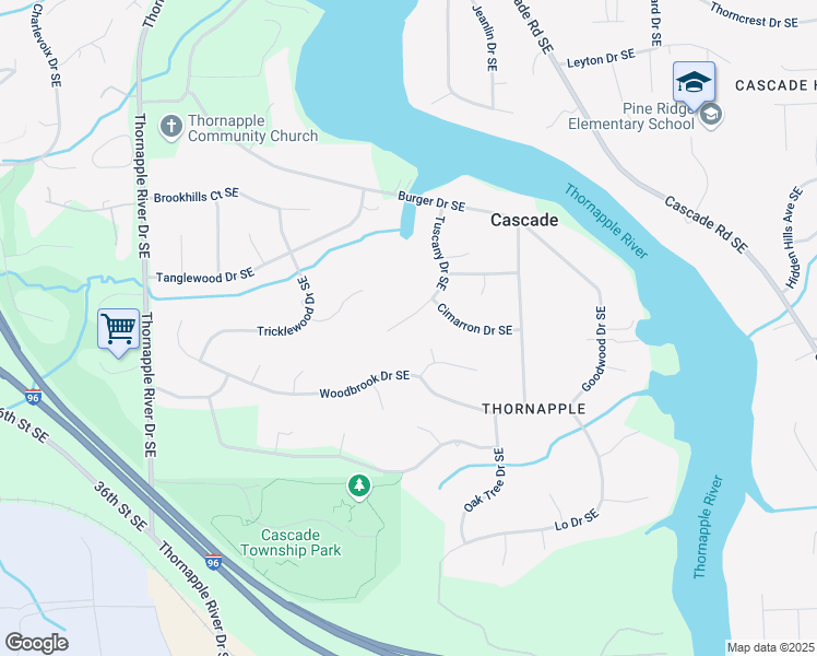 map of restaurants, bars, coffee shops, grocery stores, and more near 6860 Cimarron Drive Southeast in Grand Rapids