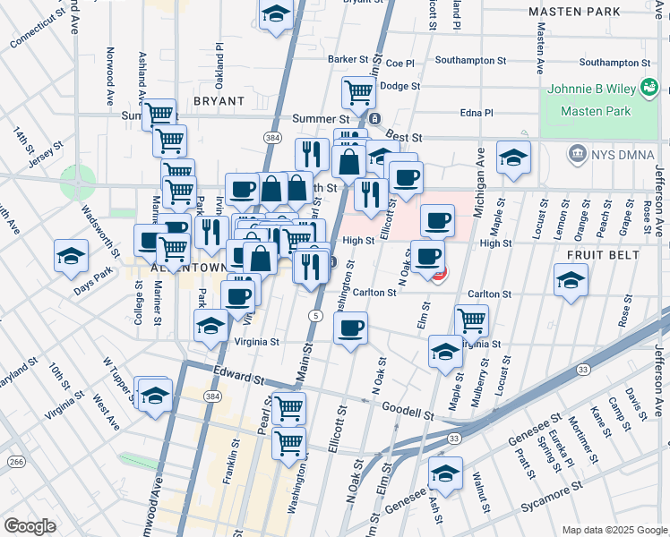 map of restaurants, bars, coffee shops, grocery stores, and more near 929 Main Street in Buffalo