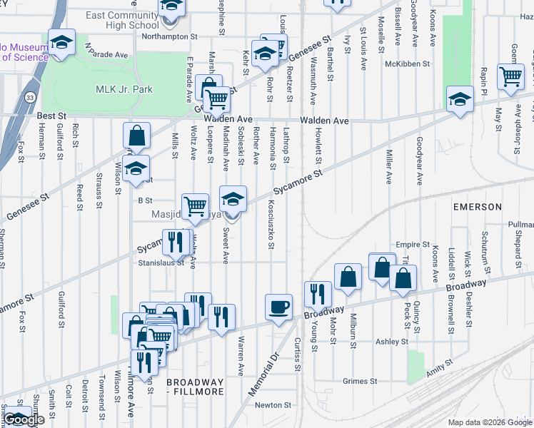 map of restaurants, bars, coffee shops, grocery stores, and more near 170 Kosciuszko Street in Buffalo