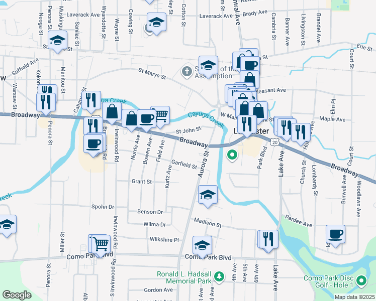 map of restaurants, bars, coffee shops, grocery stores, and more near 5332 Broadway in Lancaster