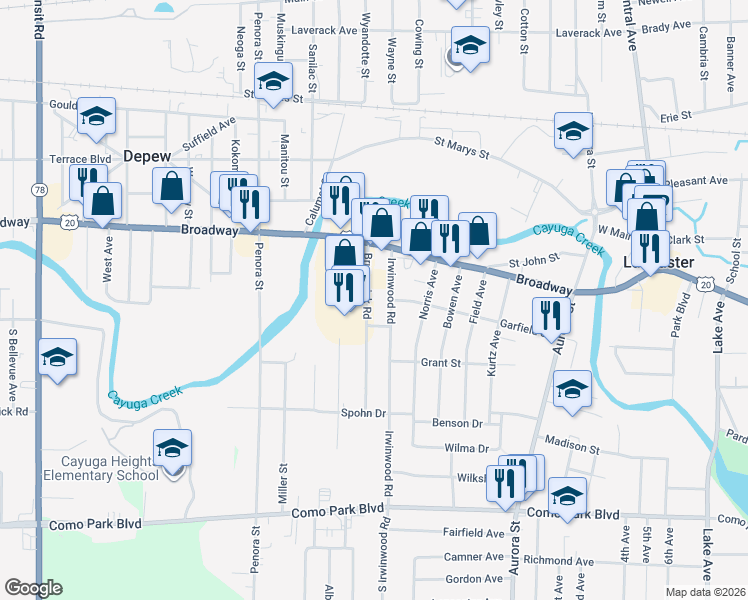 map of restaurants, bars, coffee shops, grocery stores, and more near 30 Brunswick Road in Depew