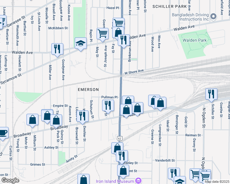 map of restaurants, bars, coffee shops, grocery stores, and more near 89 Gatchell Street in Buffalo