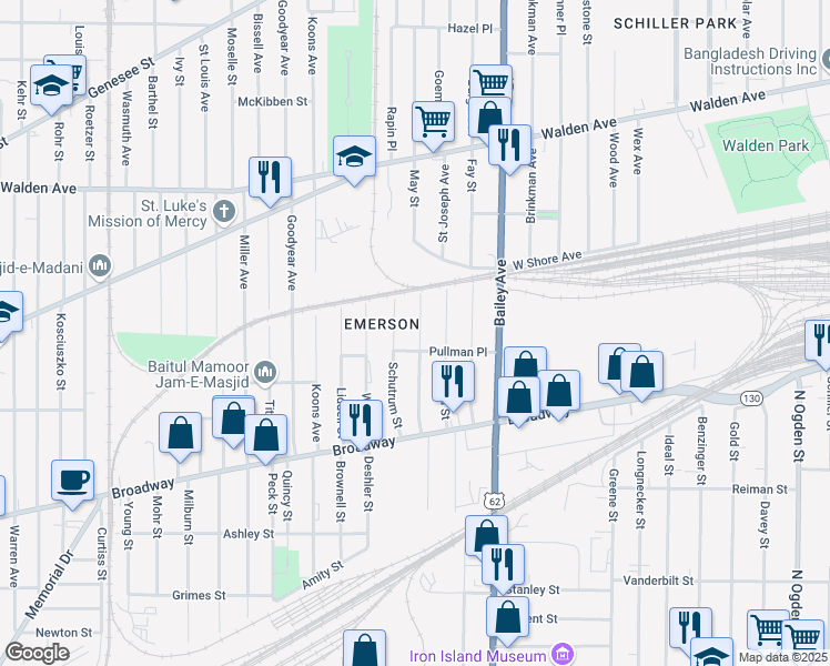 map of restaurants, bars, coffee shops, grocery stores, and more near 104 Hirschbeck Street in Buffalo