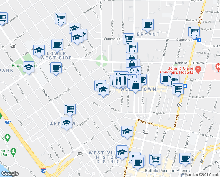 map of restaurants, bars, coffee shops, grocery stores, and more near 62 Days Park in Buffalo