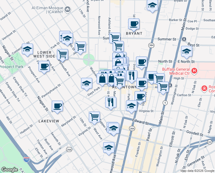 map of restaurants, bars, coffee shops, grocery stores, and more near Allen Street & College Street in Buffalo