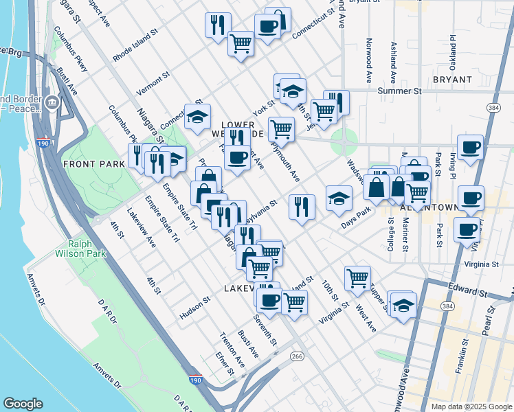 map of restaurants, bars, coffee shops, grocery stores, and more near 102 Fargo Avenue in Buffalo