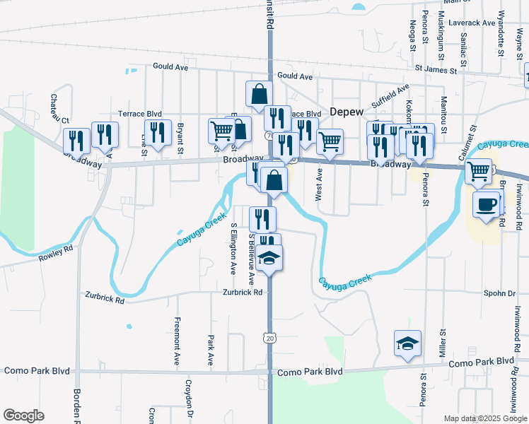 map of restaurants, bars, coffee shops, grocery stores, and more near 5300 Transit Road in Depew
