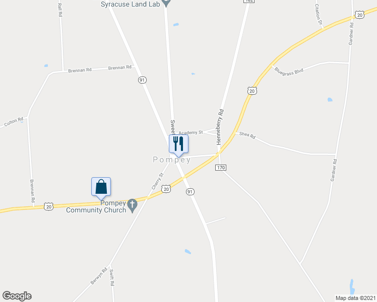 map of restaurants, bars, coffee shops, grocery stores, and more near 7381 Cherry Street in Fabius