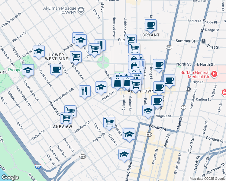 map of restaurants, bars, coffee shops, grocery stores, and more near 68 Days Park in Buffalo