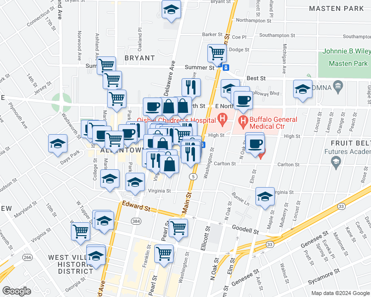map of restaurants, bars, coffee shops, grocery stores, and more near 505 Franklin Street in Buffalo