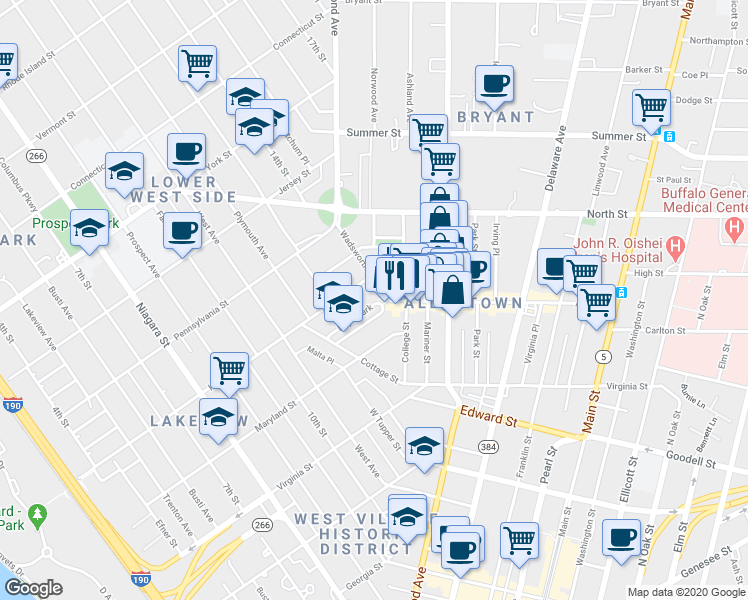 map of restaurants, bars, coffee shops, grocery stores, and more near 389 Hudson Street in Buffalo