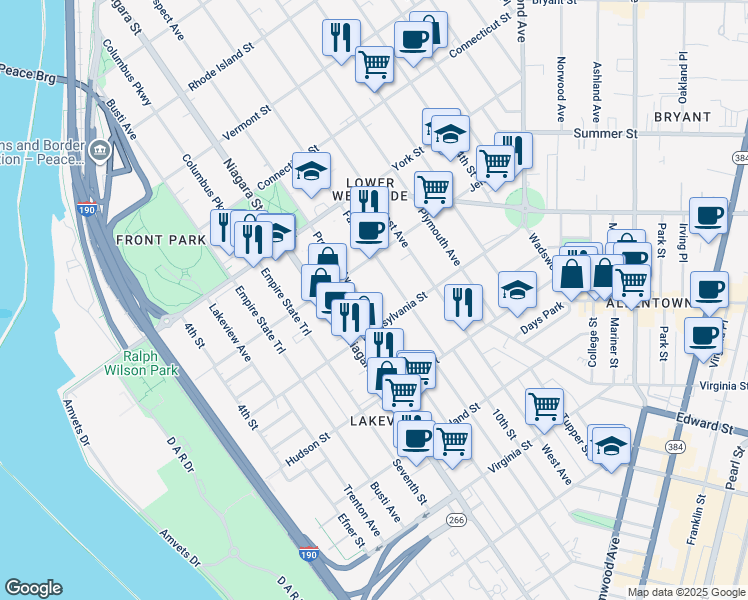 map of restaurants, bars, coffee shops, grocery stores, and more near 102 Fargo Avenue in Buffalo