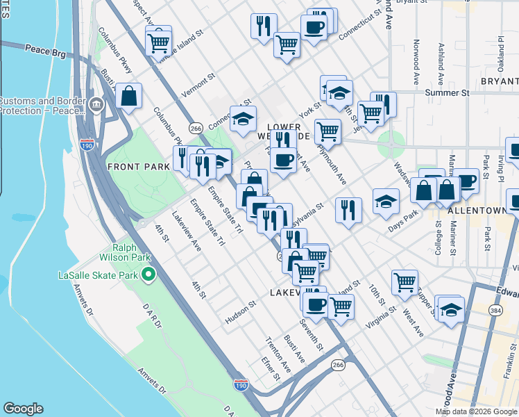 map of restaurants, bars, coffee shops, grocery stores, and more near 454 Prospect Avenue in Buffalo