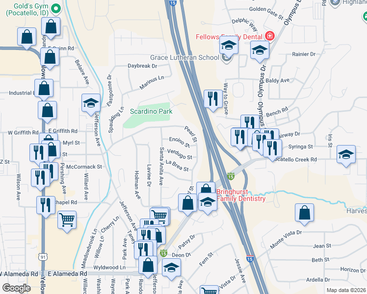 map of restaurants, bars, coffee shops, grocery stores, and more near 1105 Encino Street in Pocatello