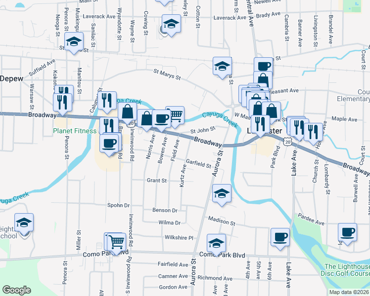 map of restaurants, bars, coffee shops, grocery stores, and more near 5303 U.S. 20 in Lancaster