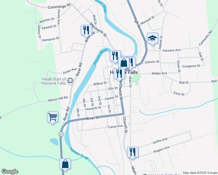 map of restaurants, bars, coffee shops, grocery stores, and more near 16 Spring Street in Hoosick Falls