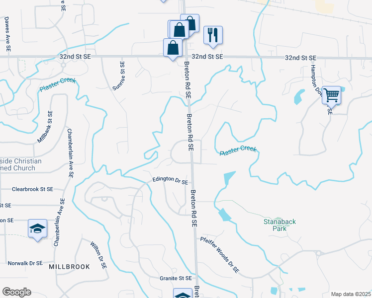 map of restaurants, bars, coffee shops, grocery stores, and more near 3516 Whispering Brook Drive Southeast in Kentwood