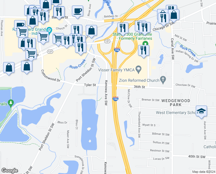 map of restaurants, bars, coffee shops, grocery stores, and more near 3572 Kenowa Avenue Southwest in Grandville