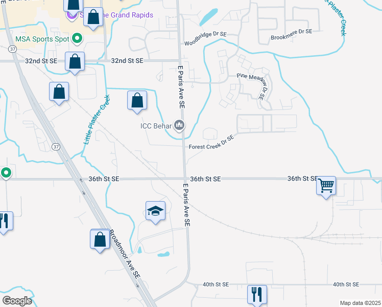map of restaurants, bars, coffee shops, grocery stores, and more near 3512 East Paris Avenue Southeast in Kentwood