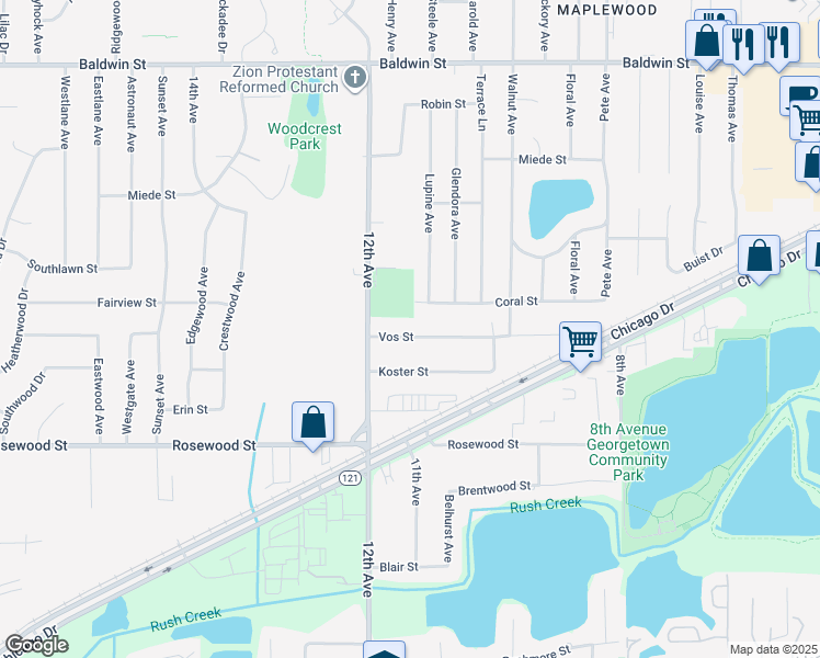 map of restaurants, bars, coffee shops, grocery stores, and more near 1143 Vos Street in Georgetown Township