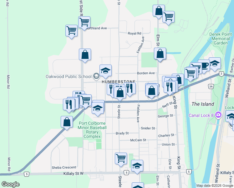 map of restaurants, bars, coffee shops, grocery stores, and more near in Port Colborne