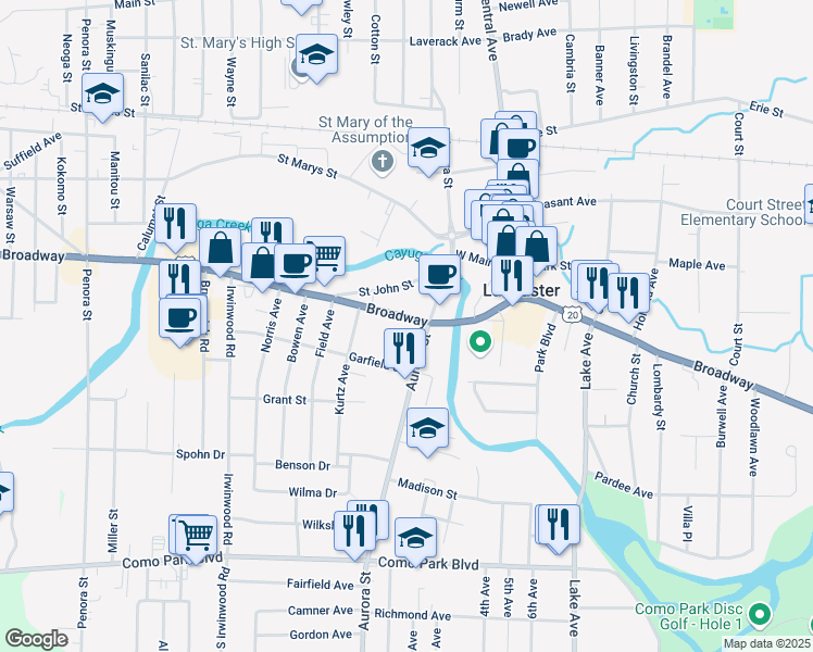 map of restaurants, bars, coffee shops, grocery stores, and more near 5333 Broadway in Lancaster