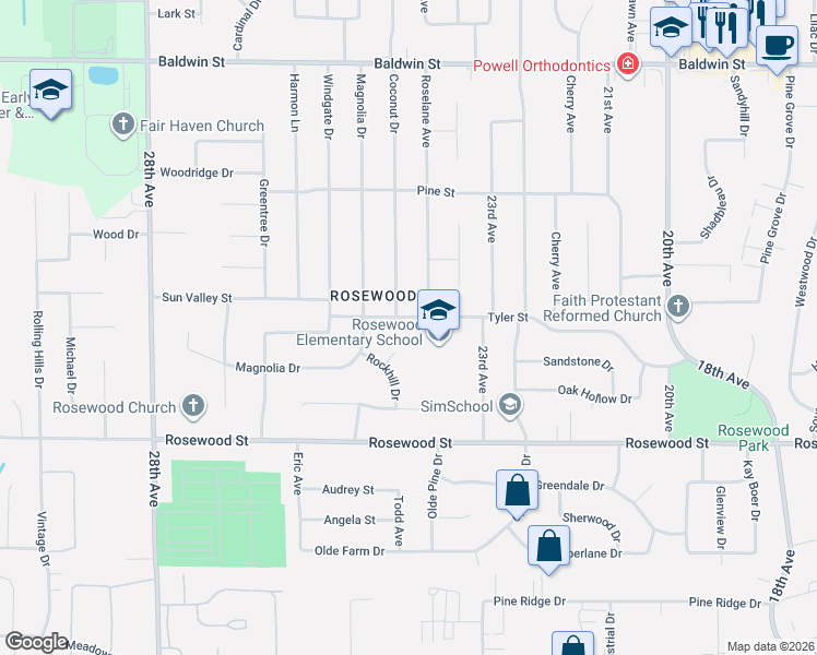 map of restaurants, bars, coffee shops, grocery stores, and more near 7210 Coconut Drive in Georgetown Township