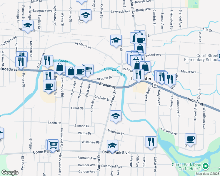 map of restaurants, bars, coffee shops, grocery stores, and more near 5333 Broadway in Lancaster