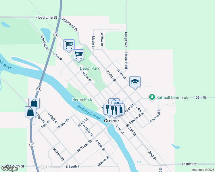 map of restaurants, bars, coffee shops, grocery stores, and more near 300 Iowa Street in Greene