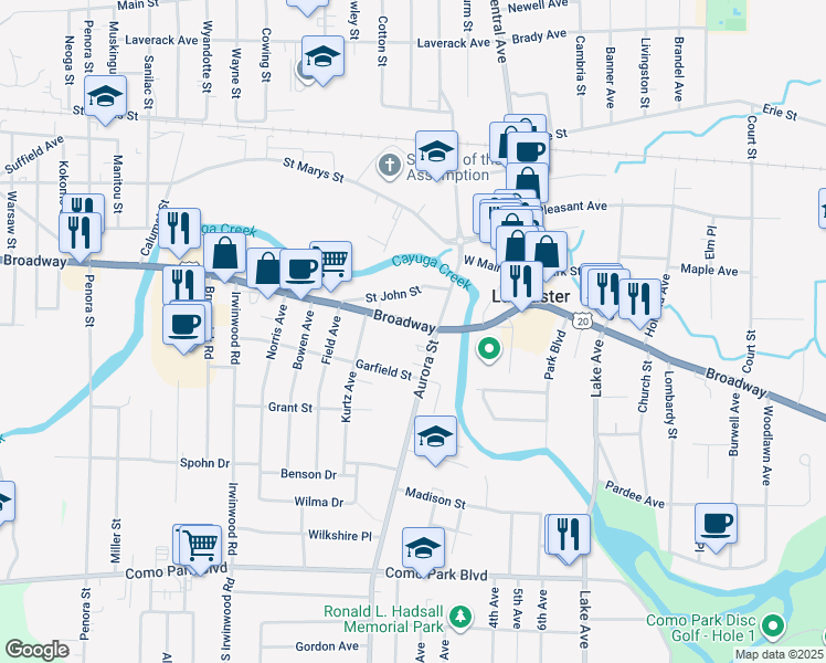 map of restaurants, bars, coffee shops, grocery stores, and more near 5332 Broadway in Lancaster