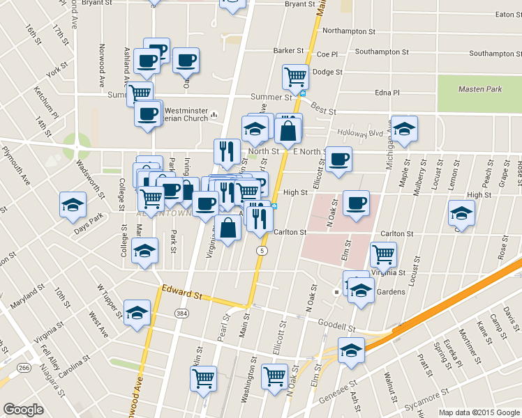 map of restaurants, bars, coffee shops, grocery stores, and more near 960 Main Street in Buffalo