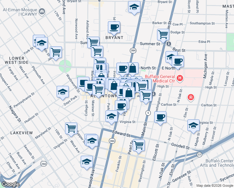 map of restaurants, bars, coffee shops, grocery stores, and more near 21 Irving Place in Buffalo