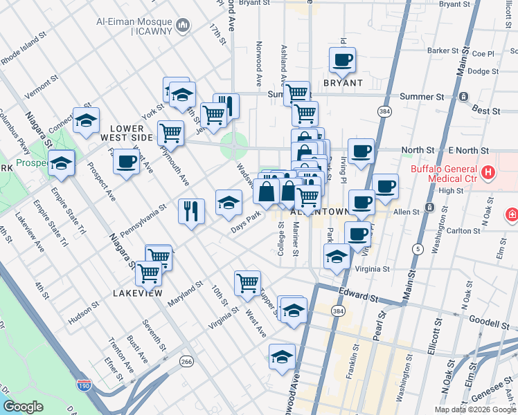 map of restaurants, bars, coffee shops, grocery stores, and more near 389 Hudson Street in Buffalo