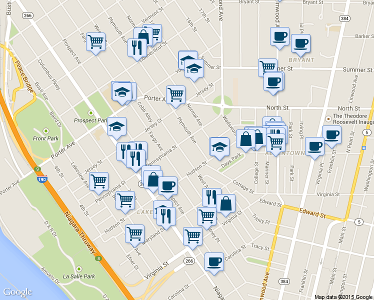 map of restaurants, bars, coffee shops, grocery stores, and more near 299 Pennsylvania Street in Buffalo