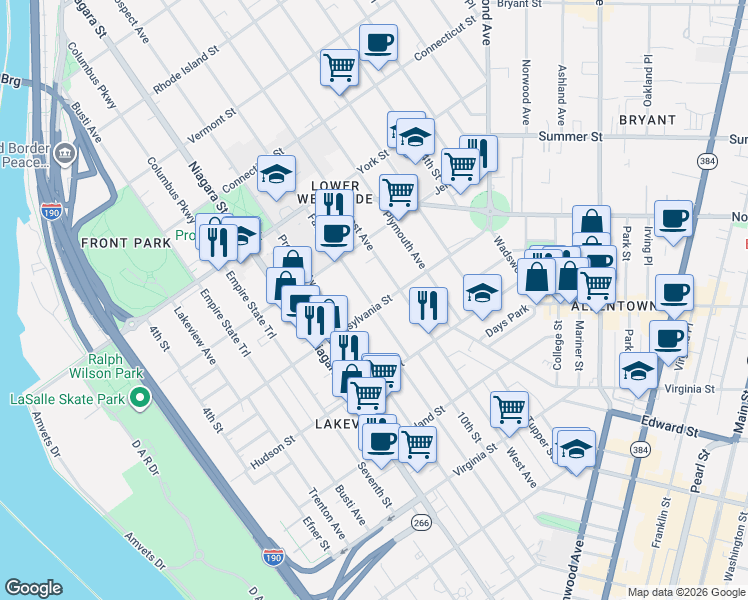 map of restaurants, bars, coffee shops, grocery stores, and more near in Buffalo