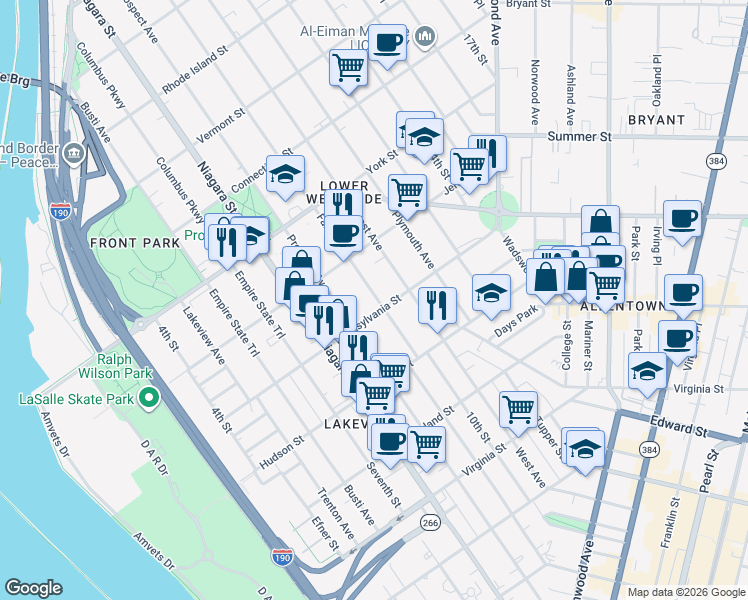 map of restaurants, bars, coffee shops, grocery stores, and more near in Buffalo