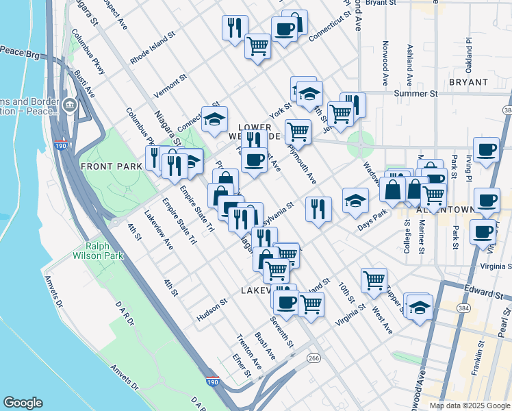 map of restaurants, bars, coffee shops, grocery stores, and more near 102 Fargo Avenue in Buffalo