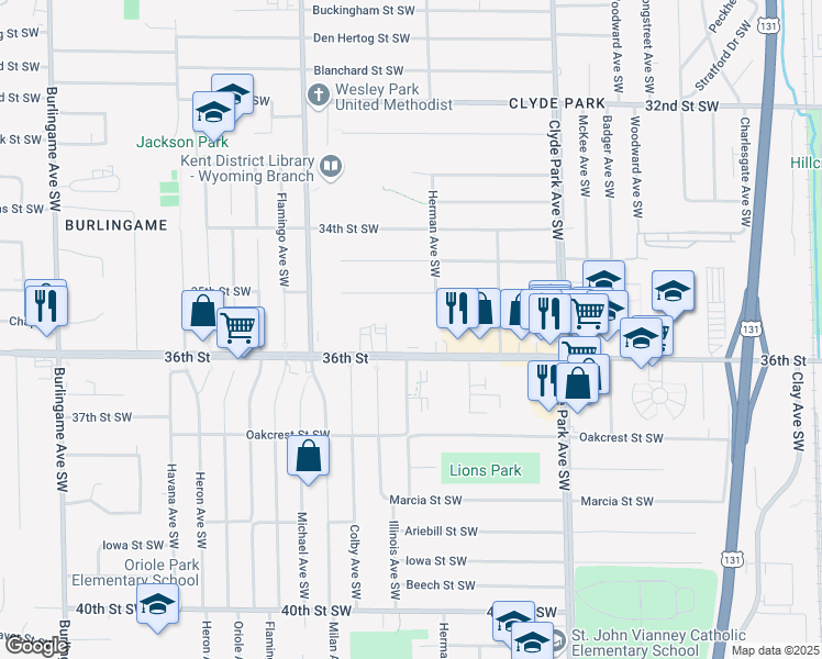 map of restaurants, bars, coffee shops, grocery stores, and more near 3523 Herman Avenue Southwest in Wyoming