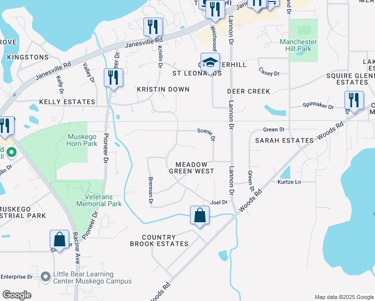 map of restaurants, bars, coffee shops, grocery stores, and more near S79W17434 Alan Drive in Muskego