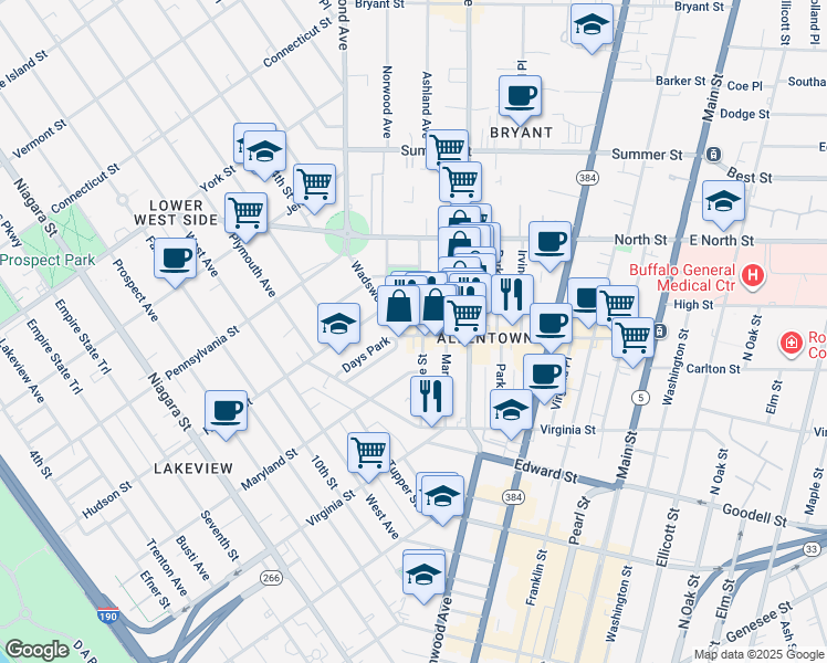 map of restaurants, bars, coffee shops, grocery stores, and more near 111 College Street in Buffalo