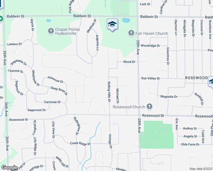 map of restaurants, bars, coffee shops, grocery stores, and more near 7193 Rolling Hills Drive in Hudsonville