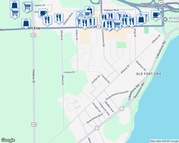 map of restaurants, bars, coffee shops, grocery stores, and more near 407 Louisa Street in Fort Erie