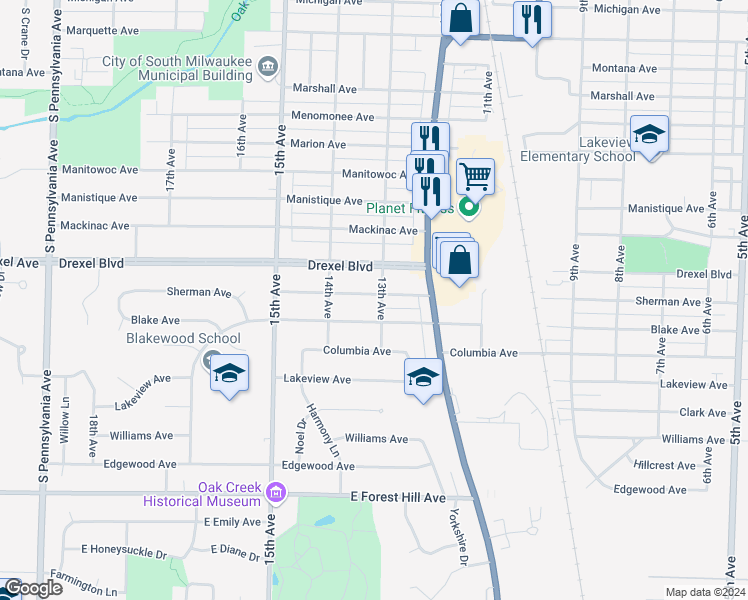 map of restaurants, bars, coffee shops, grocery stores, and more near 1305 Sherman Avenue in South Milwaukee
