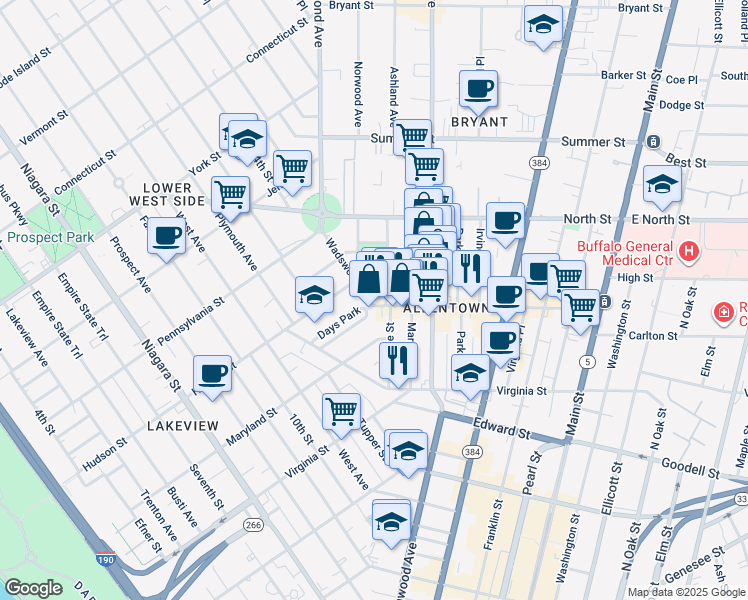 map of restaurants, bars, coffee shops, grocery stores, and more near 111 College Street in Buffalo