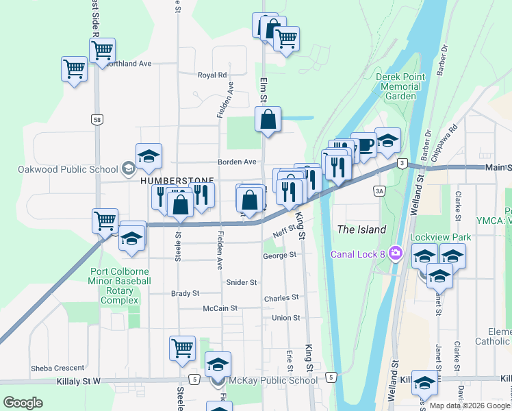 map of restaurants, bars, coffee shops, grocery stores, and more near 780 Elm Street in Port Colborne
