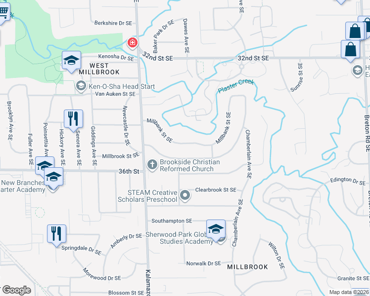 map of restaurants, bars, coffee shops, grocery stores, and more near 1743 Millbank Street Southeast in Grand Rapids