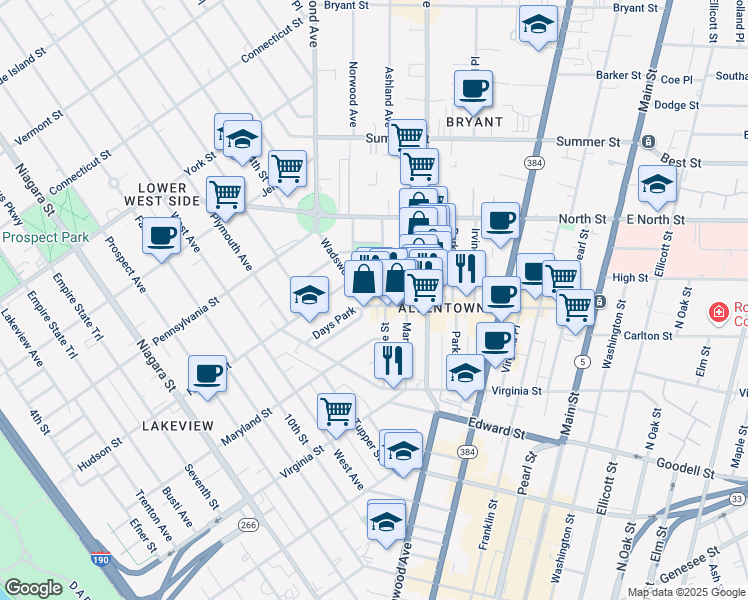 map of restaurants, bars, coffee shops, grocery stores, and more near 111 College Street in Buffalo