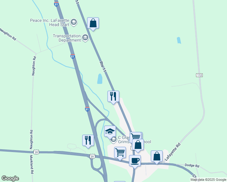 map of restaurants, bars, coffee shops, grocery stores, and more near 2639 Route 11 in LaFayette