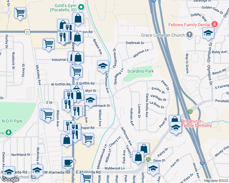 map of restaurants, bars, coffee shops, grocery stores, and more near 1365 Spaulding Lane in Pocatello